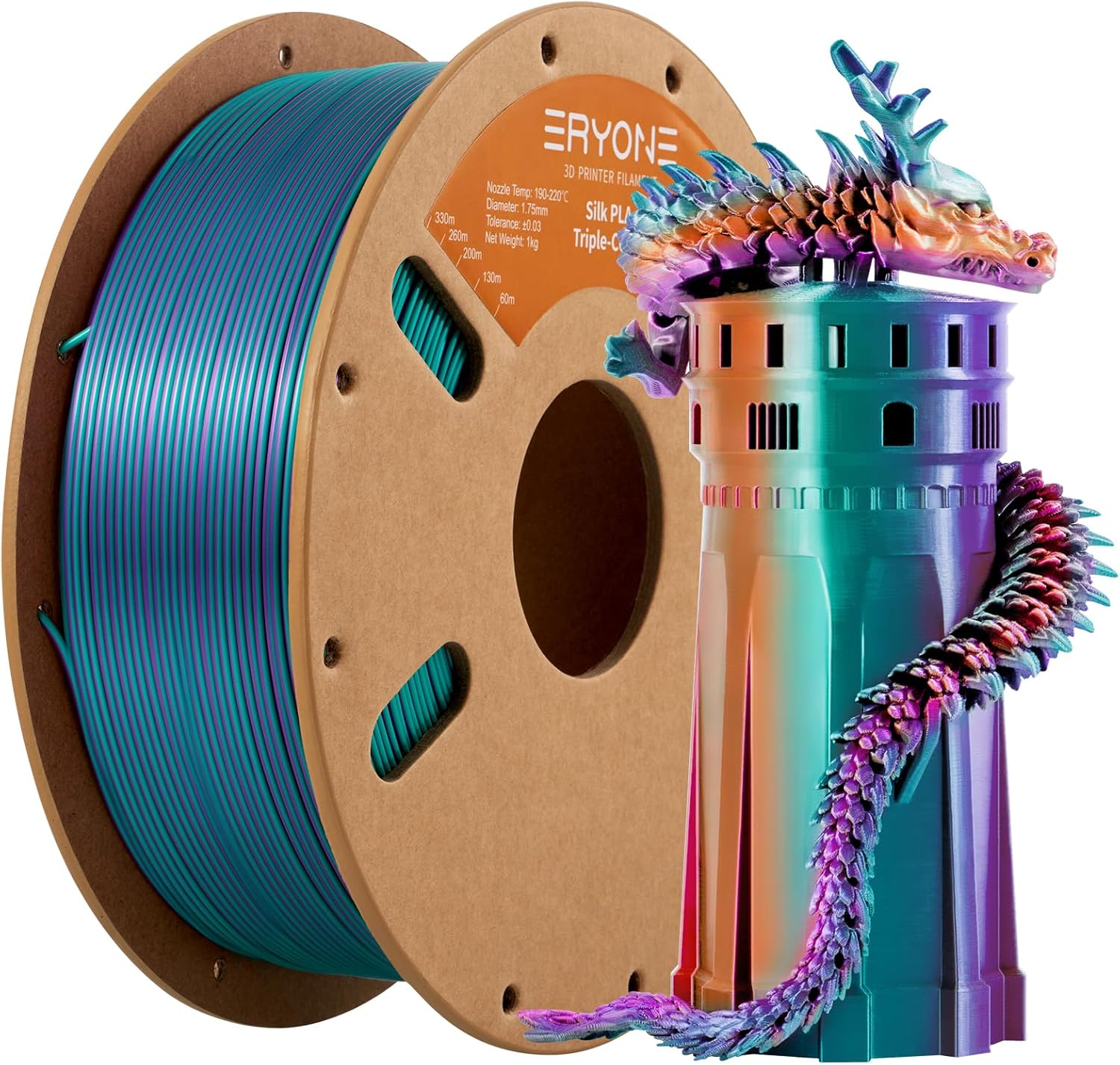 ERYONE Silk Tri-Color PLA, Purple & Blue Green & Burn Orange